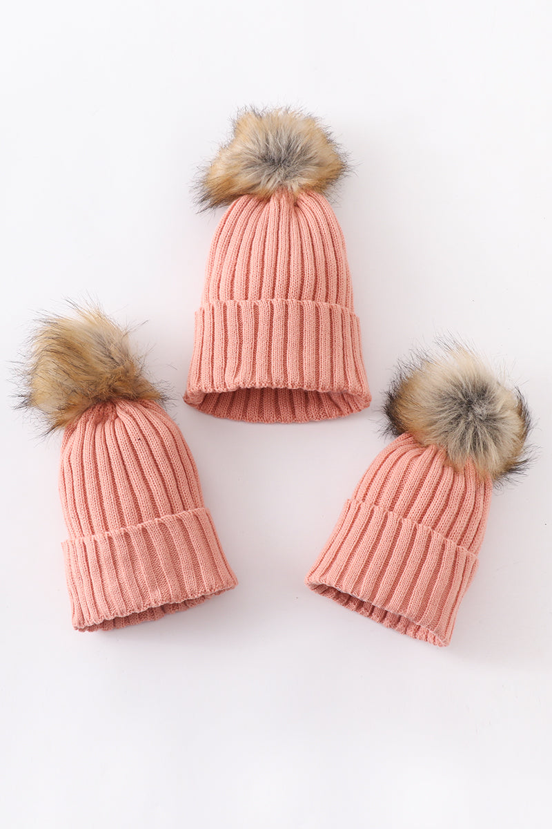 Coral Pink knit pom pom beanie hat baby toddler adult - Aaria Tees