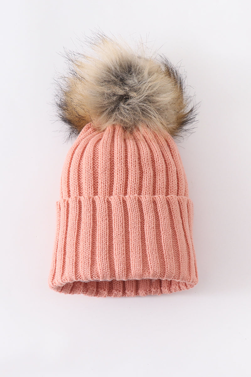 Coral Pink knit pom pom beanie hat baby toddler adult - Aaria Tees Aaria Tees