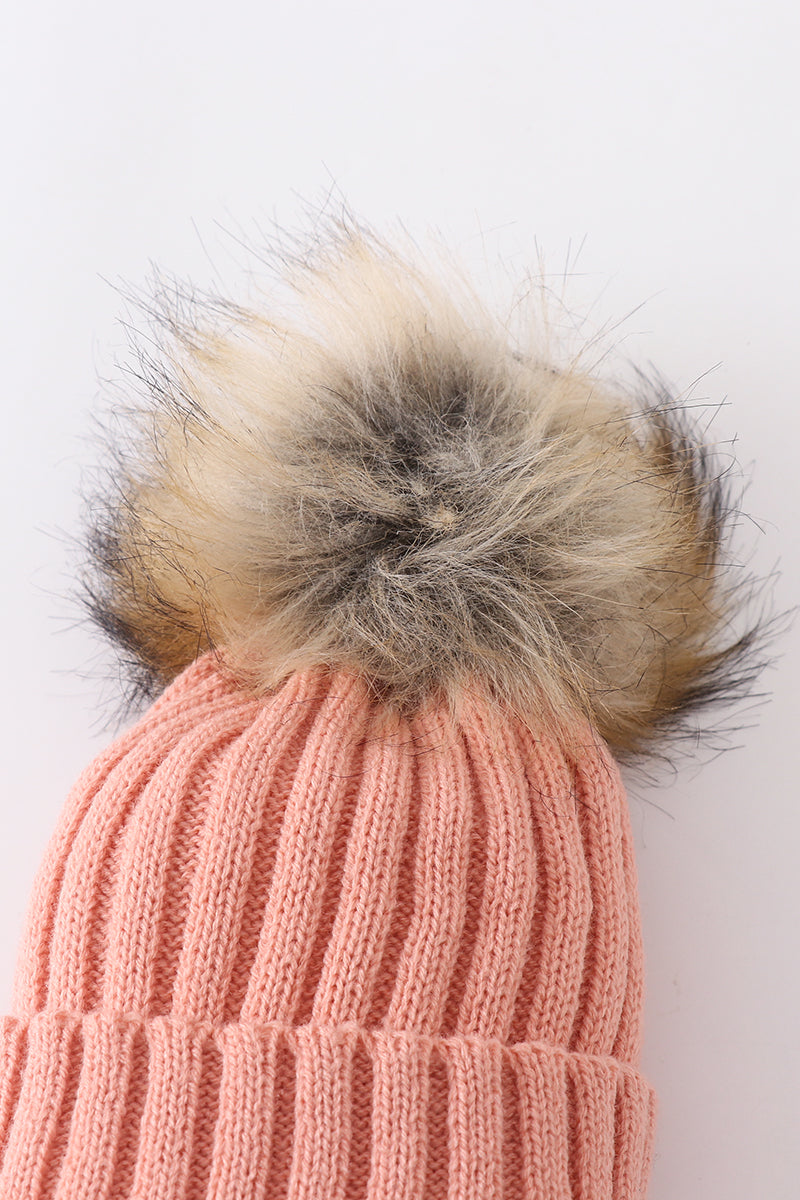 Coral Pink knit pom pom beanie hat baby toddler adult - Aaria Tees Aaria Tees