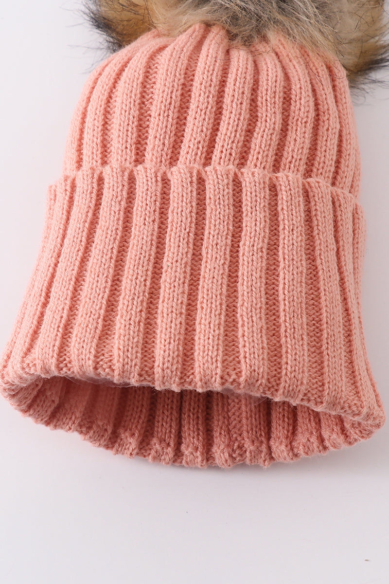 Coral Pink knit pom pom beanie hat baby toddler adult - Aaria Tees Aaria Tees