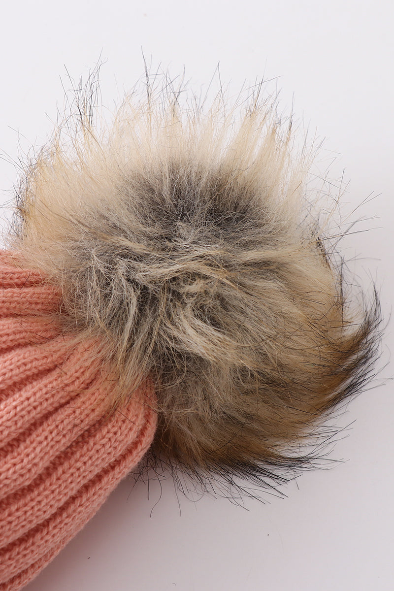 Coral Pink knit pom pom beanie hat baby toddler adult - Aaria Tees Aaria Tees