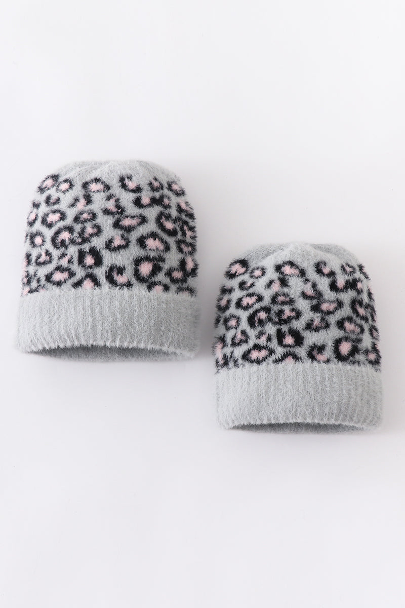 Grey leopard beanie hat toddler adult - Aaria Tees