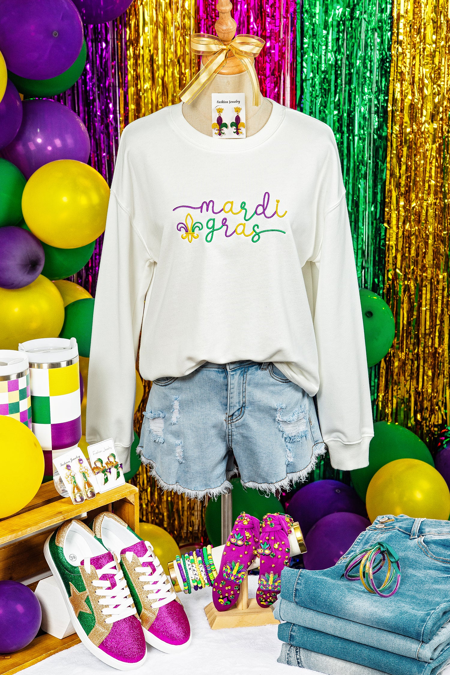 White mardi gras Fleur De Lis Embroidered Graphic Pullover Sweatshirt - Aaria Tees Aaria Tees