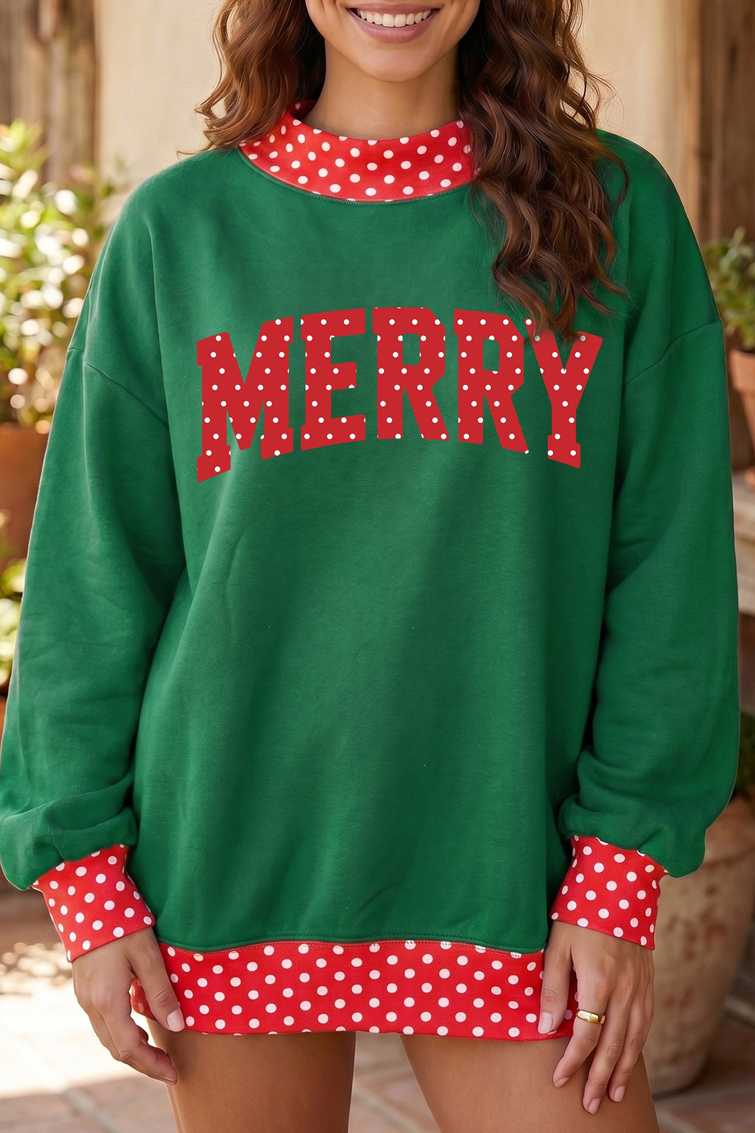 Dark Green Merry Christmas Slogan Polka Dot Contrast Trim Tunic Sweatshirt - Aaria Tees Aaria Tees