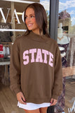 Coffee Exposed Seam Mock Neck STATE Letter Graphic Loose Sweatshirt Aaria Tees