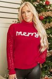Racing Red Merry Graphic Sequin Sleeve Turtleneck Sweater - Aaria Tees Aaria Tees