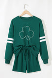 Evergreen Rhinestone Clover Varsity Pullover Drawstring Shorts 2pcs Set Aaria Tees