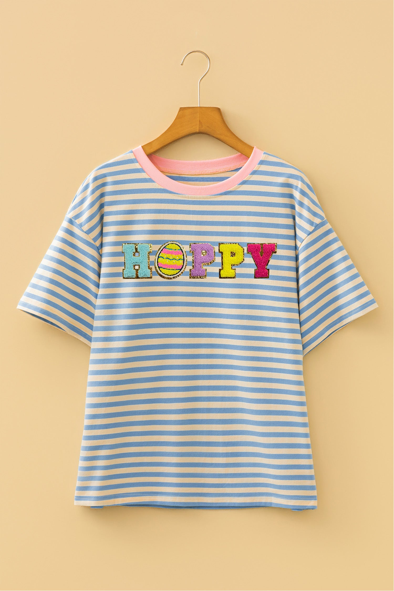 Sky Blue Stripe HOPPY Chenille Patched Graphic Crew Neck Tee - Aaria Tees Aaria Tees