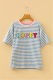 Sky Blue Stripe HOPPY Chenille Patched Graphic Crew Neck Tee - Aaria Tees Aaria Tees