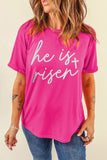 Rose Red Glitter he is risen Cross Printed Crewneck Tee Aaria Tees