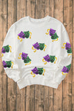 White Sequined Mardi Gras Mask Pattern Drop Shoulder Sweatshirt Aaria Tees