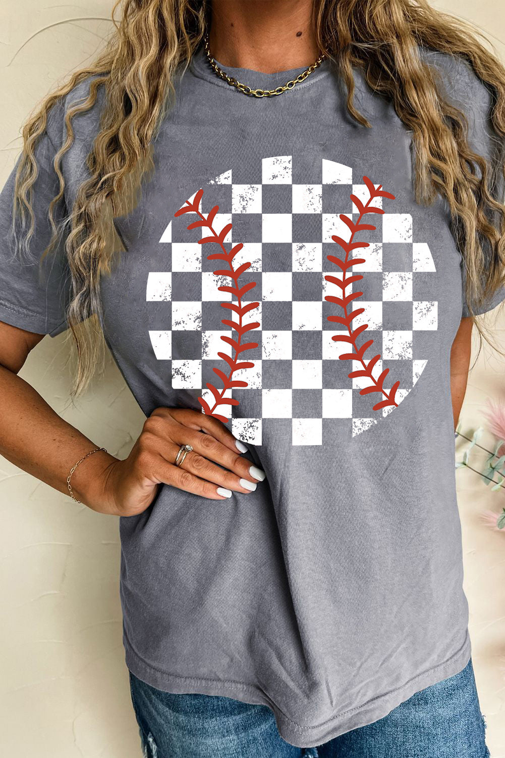 Gray Vintage Checkered Baseball Graphic Tee - Aaria Tees