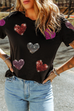 Black Sequin Heart Patched Pattern Crewneck Valentines Tee - Aaria Tees Aaria Tees