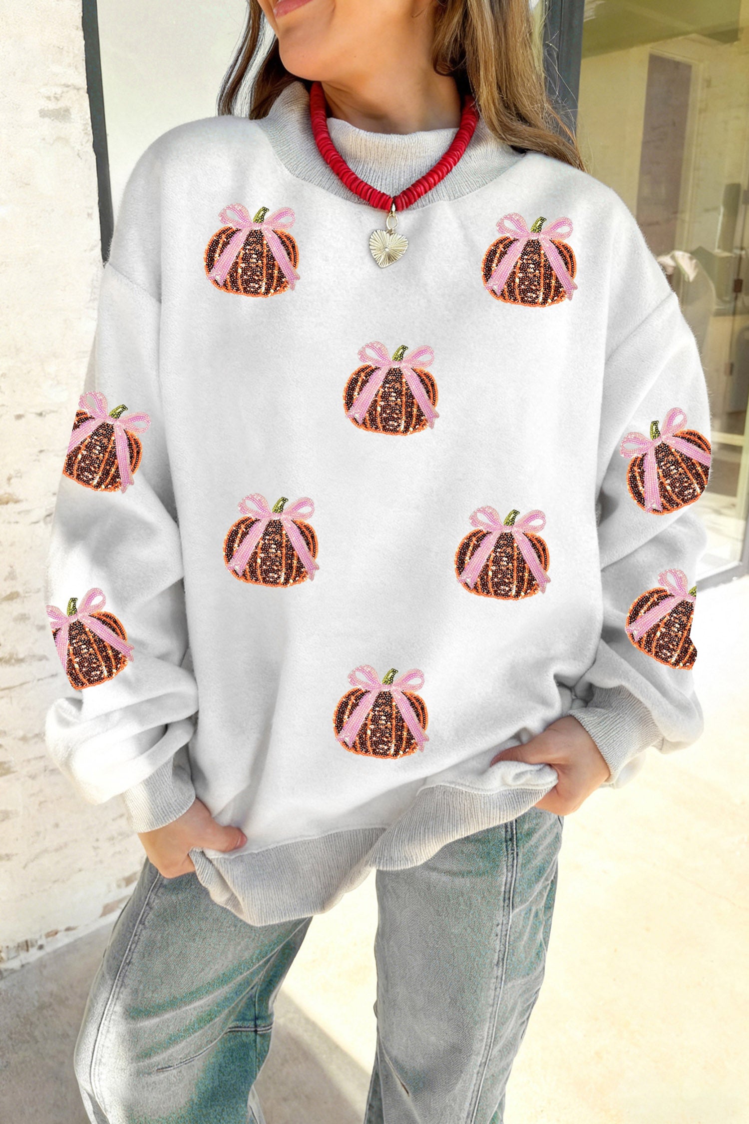 Light Grey Sequin Bow Pumpkin Patch Color Block High Neck Sweatshirt - Aaria Tees Aaria Tees