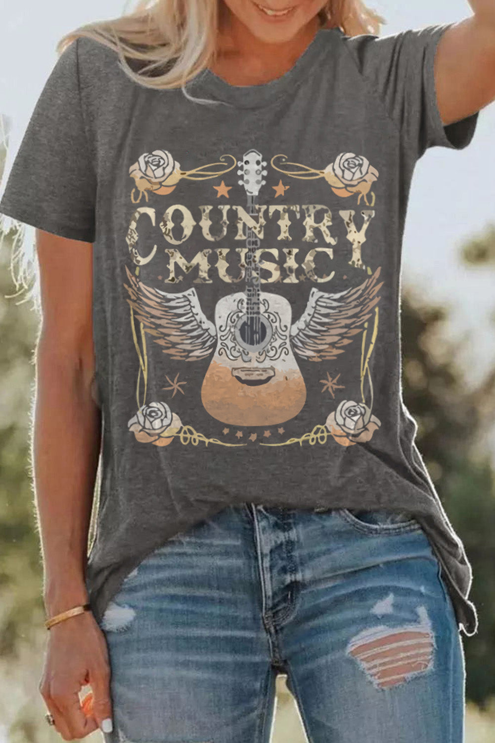 Gray COUNTRY MUSIC Guitar Graphic Print Crew Neck T Shirt - Aaria Tees Aaria Tees