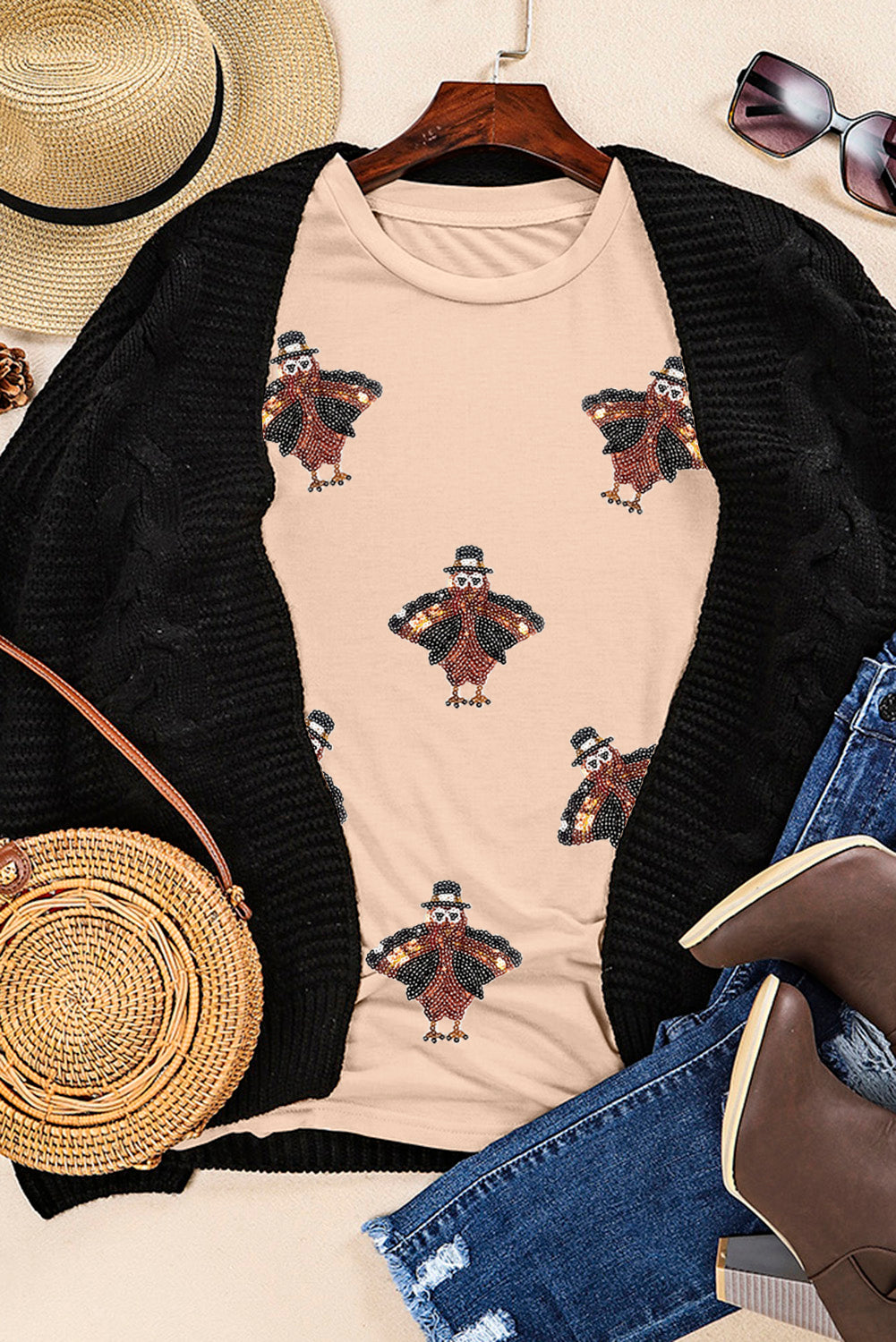 Khaki Sequined Turkey Patched Pattern Crewneck Thanksgiving T Shirt - Aaria Tees Aaria Tees