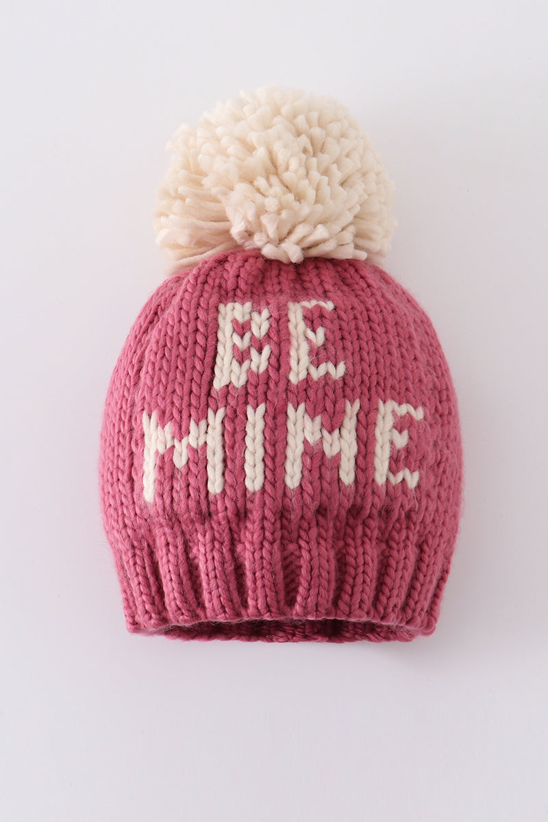 Pink BE MINE knit beanie pom pom hat - Aaria Tees Aaria Tees