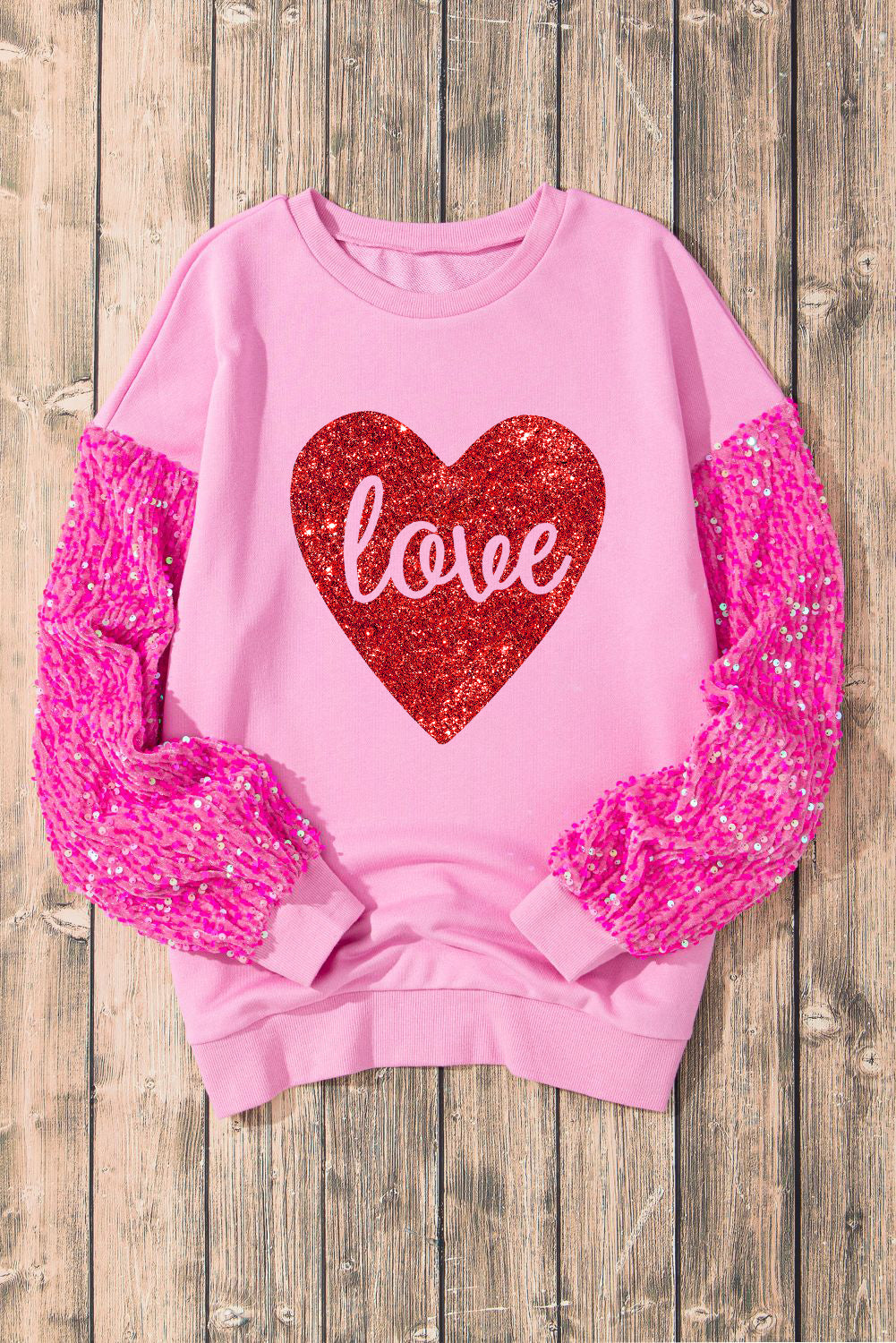 Pink Shiny Heart Shape love Print Sequined Sleeve Sweatshirt - Aaria Tees Aaria Tees