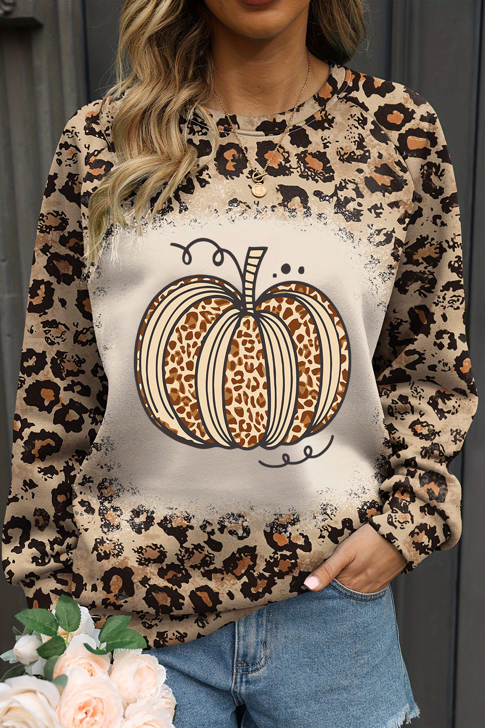 Brown Bleached Halloween Pumpkin Leopard Print Sweatshirt - Aaria Tees Aaria Tees