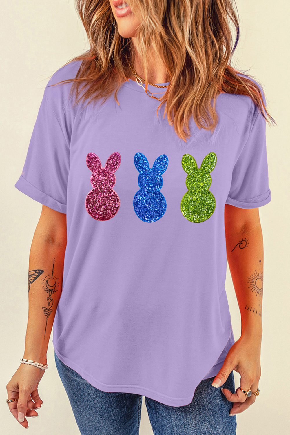 Wisteria Easter Shiny Bunny Graphic Crewneck T Shirt - Aaria Tees Aaria Tees