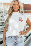 White Mock Neck Short Sleeve Cherry Print America Slogan Casual Top Aaria Tees