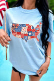 Light Blue Faux Patchwork Print American Patriotic Graphic Tee Aaria Tees