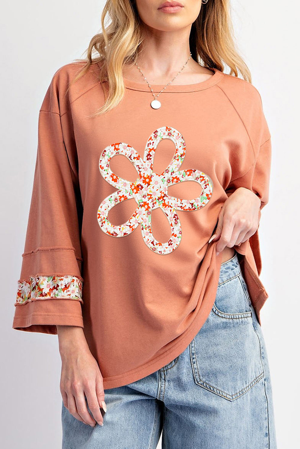 Beige Flower Patch Graphic Exposed Seam Wide Sleeve Top - Aaria Tees Aaria Tees