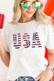 White USA Flag Sequin Patched Round Neck T Shirt Aaria Tees