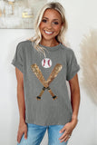 Medium Grey Sequin Baseball Pattern Corded Crewneck T Shirt Aaria Tees