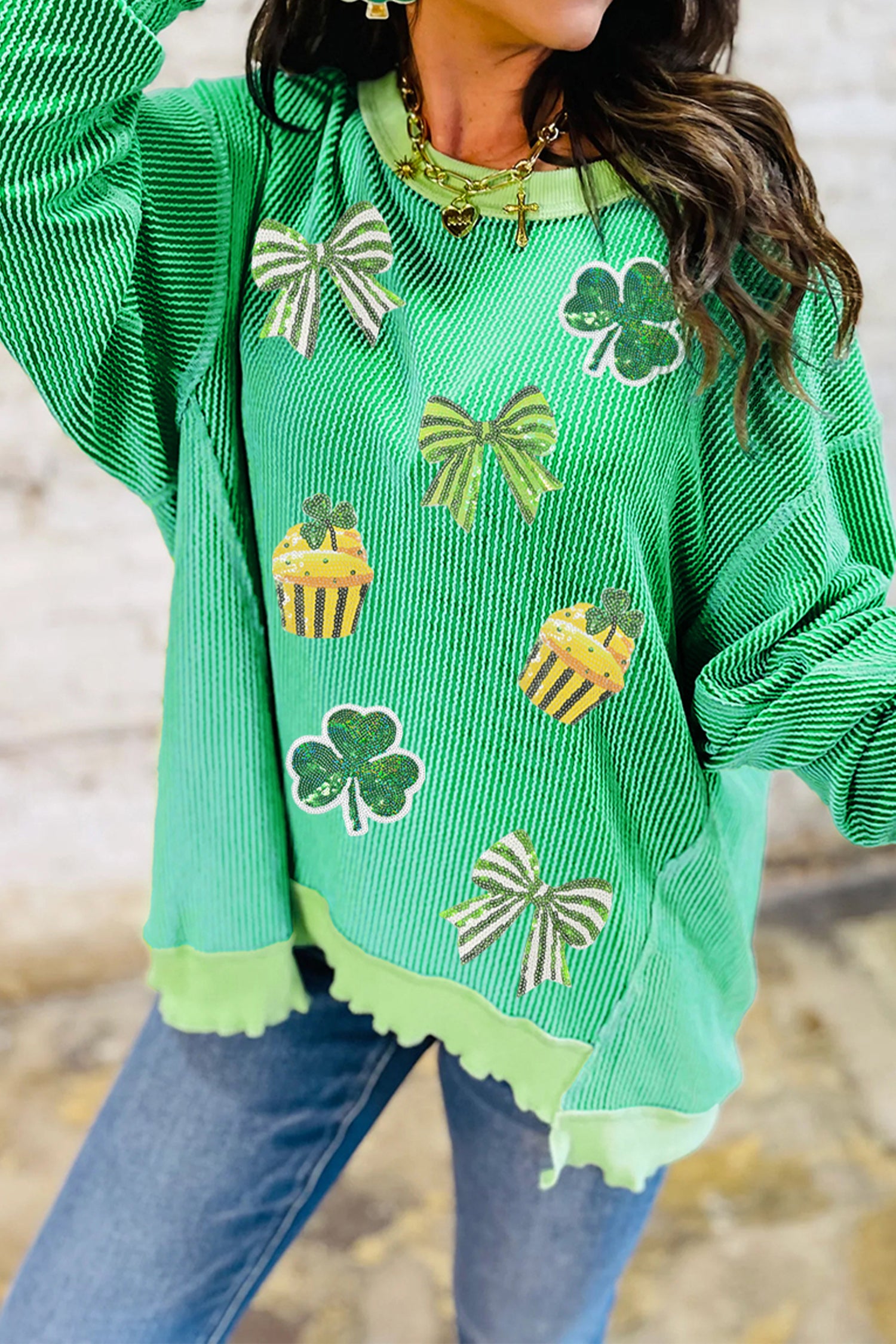 Bright Green Twisted Rib St Patricks Day Sequin Patch Graphic Long Sleeve Top - Aaria Tees Aaria Tees