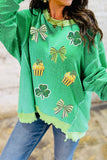 Bright Green Twisted Rib St Patricks Day Sequin Patch Graphic Long Sleeve Top - Aaria Tees Aaria Tees
