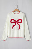 White Bow Pattern Contrast Trim Christmas Loose Graphic Sweater - Aaria Tees Aaria Tees