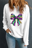 White Mardi Gras Bow Graphic Drop Shoulder Sweatshirt Aaria Tees