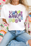 White Happy Easter Sequin Patched Casual Tee Aaria Tees