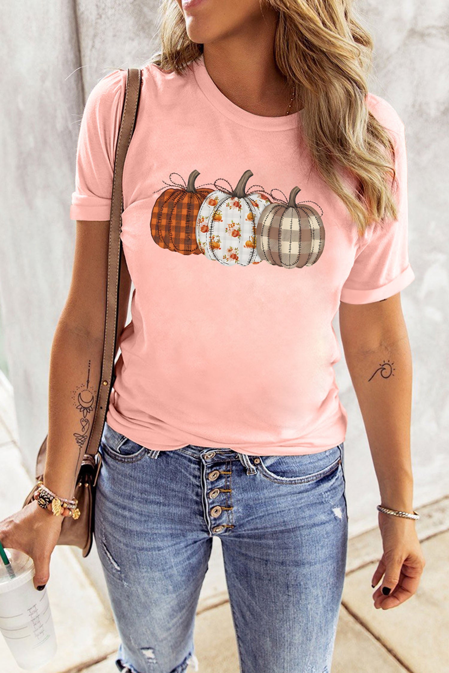 Pink Mix Pattern Pumpkin Print Round Neck T Shirt - Aaria Tees Aaria Tees