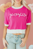 Bright Pink XOXO Embroidered Graphic Valentines Contrast Trim Crew Neck Short Puff Sleeve Sweater Tee - Aaria Tees Aaria Tees