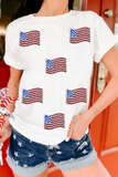 White Sequin American Flag Patched Casual T Shirt Aaria Tees