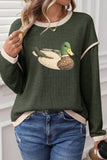 Four Leaf Clover Mallard Duck Graphic Contrast Trim Patchwork Casual Knit Top Aaria Tees