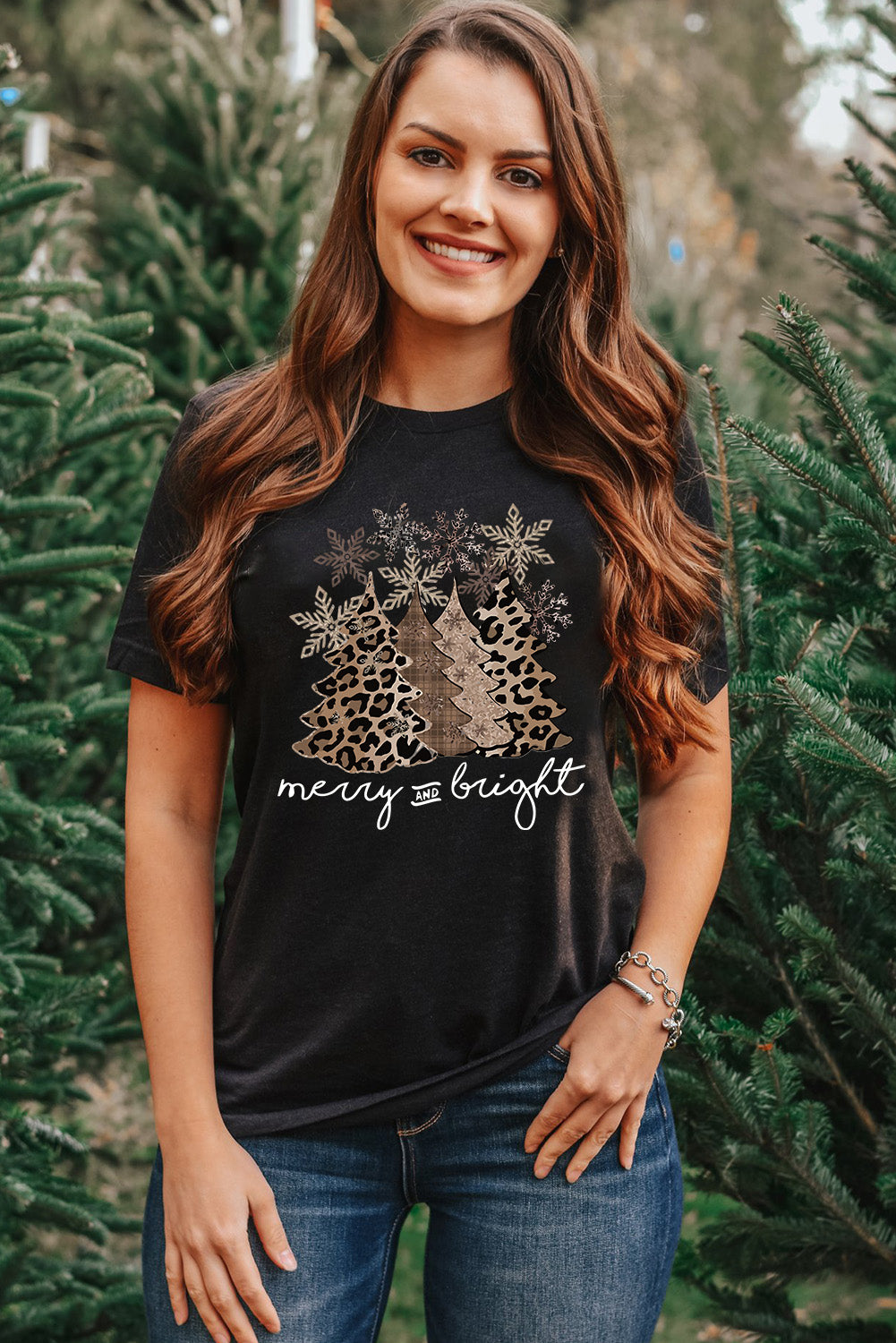 Black Leopard Christmas Tree Graphic Crew Neck T Shirt - Aaria Tees Aaria Tees