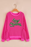 Strawberry Pink Twisted Ribbed Texture Merry Christmas Sequin Letter Graphic Top Aaria Tees