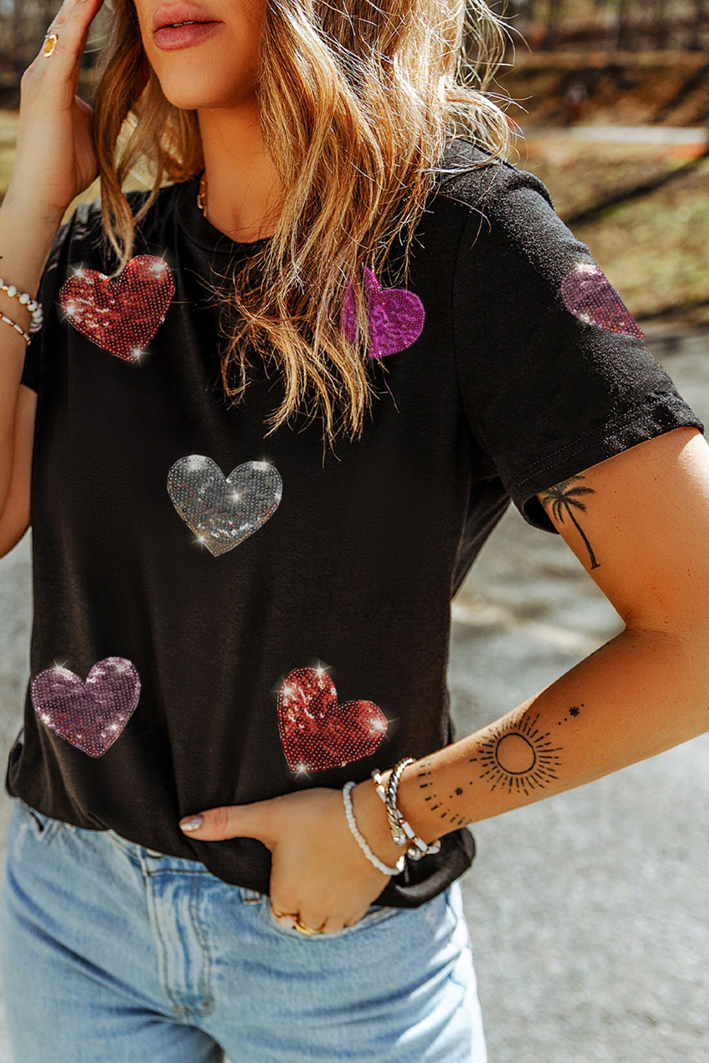 Black Sequin Heart Patched Pattern Crewneck Valentines Tee - Aaria Tees Aaria Tees