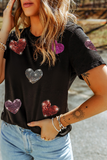 Black Sequin Heart Patched Pattern Crewneck Valentines Tee - Aaria Tees Aaria Tees