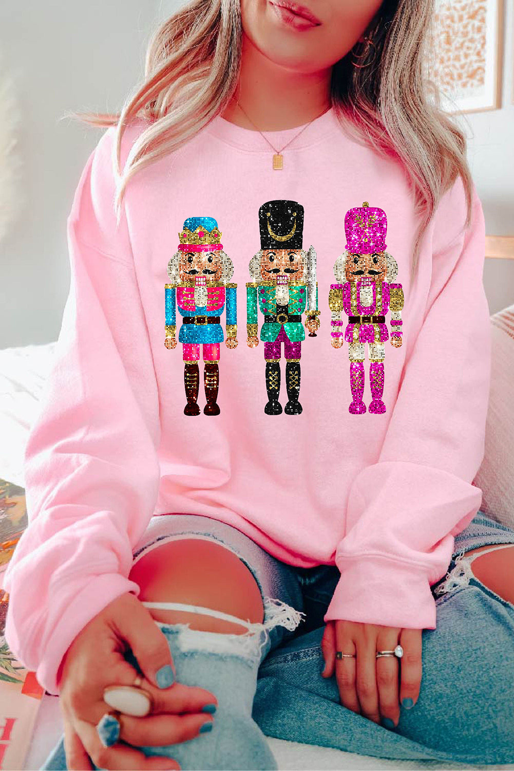 Pink Cute Nutcracker Printed Drop Shoulder Christmas Sweatshirt - Aaria Tees