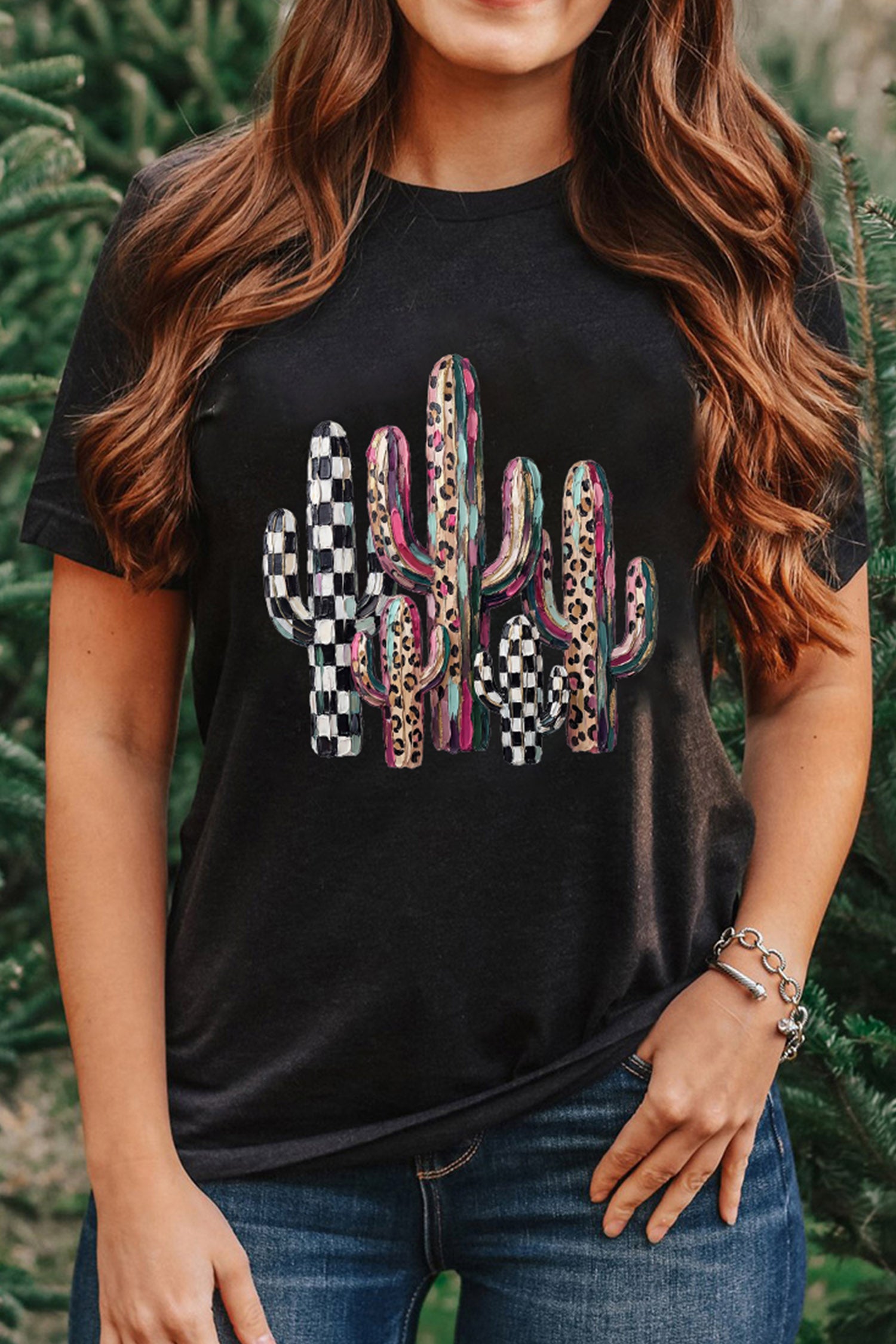 Black Mixed Pattern Cactus Graphic Print Relaxed T-Shirt - Aaria Tees Aaria Tees