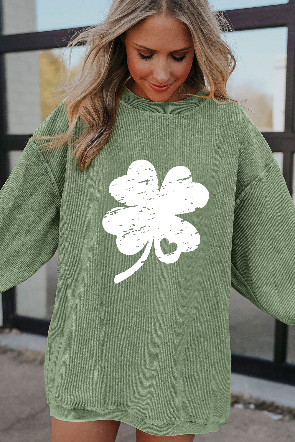 Grass Green Distressed Clover Print St Patricks Corded Sweatshirt - Aaria Tees Aaria Tees