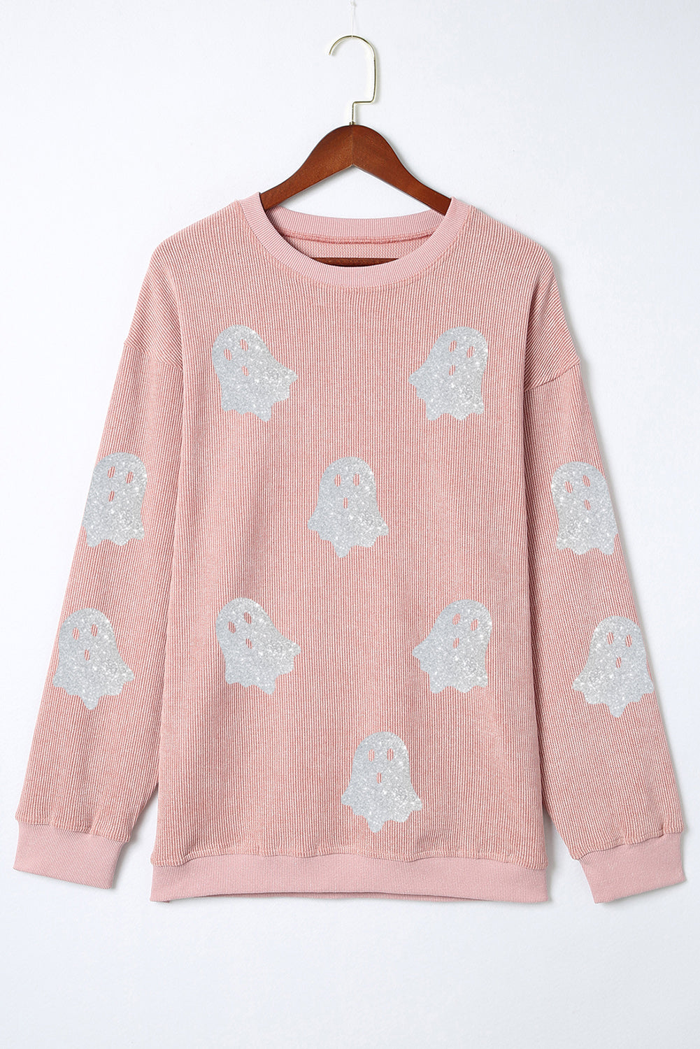 Pink Halloween Ghost Corded Crew Neck Loose Sweatshirt - Aaria Tees Aaria Tees