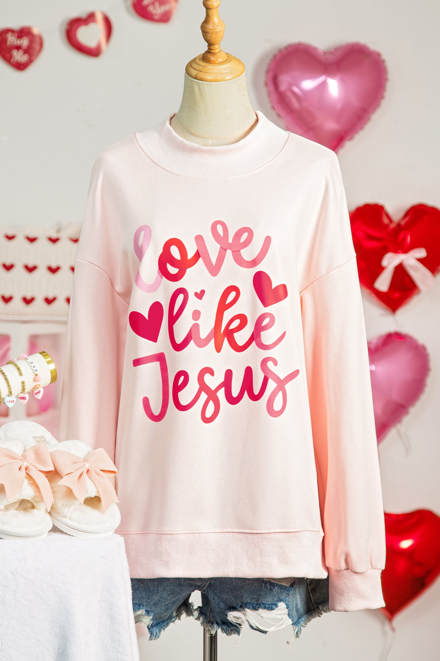 Light Pink love like Jesus Valentines Day Mock Neck Sweatshirt - Aaria Tees Aaria Tees
