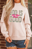 Apricot Pink Camo Print Letter Graphic Mock Neck Sweatshirt - Aaria Tees Aaria Tees