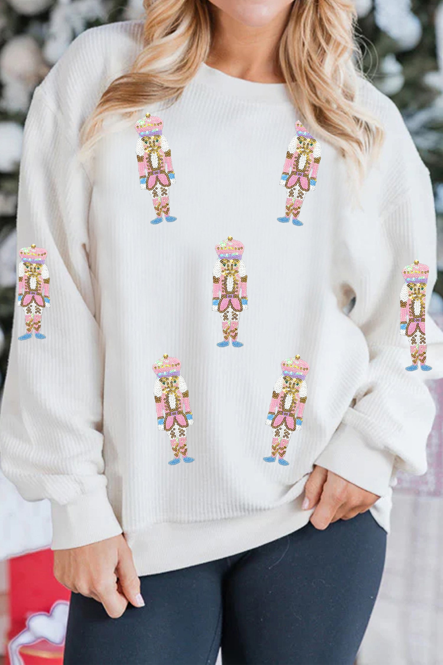White Corded Rib Sequin Patched Nutcracker Graphic Drop Shoulder Sweatshirt - Aaria Tees Aaria Tees