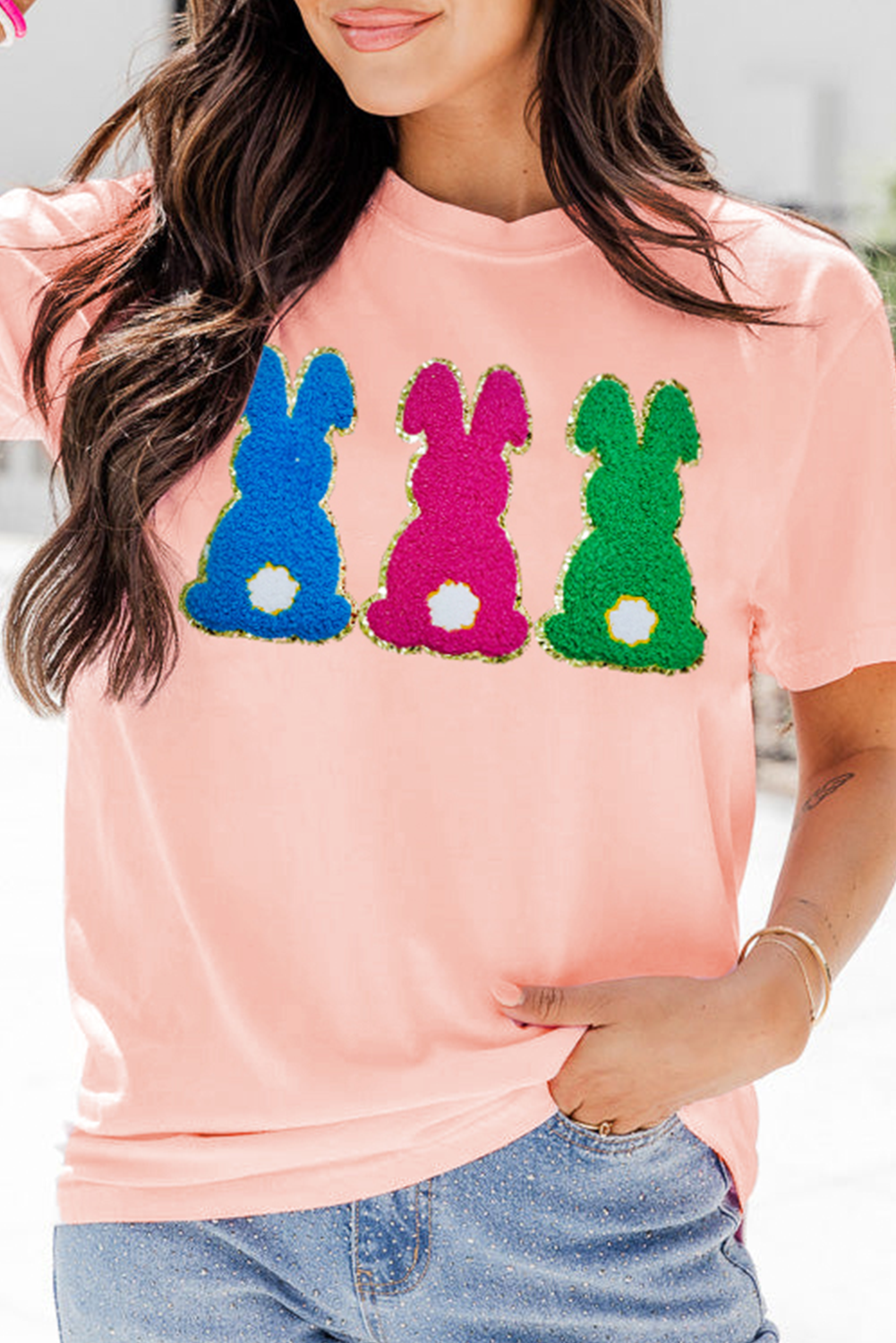 Pink Easter Bunny Chenille Patched Graphic Tee - Aaria Tees Aaria Tees